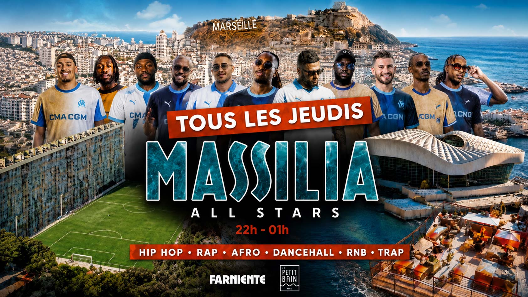 Soirée Massilia All Stars tous les jeudis au Petit Bain à Hyères Affiche de la soirée Massilia All Stars organisée tous les jeudis au Petit Bain à Hyères avec DJ et ambiance hip-hop, rap, afro et dancehall